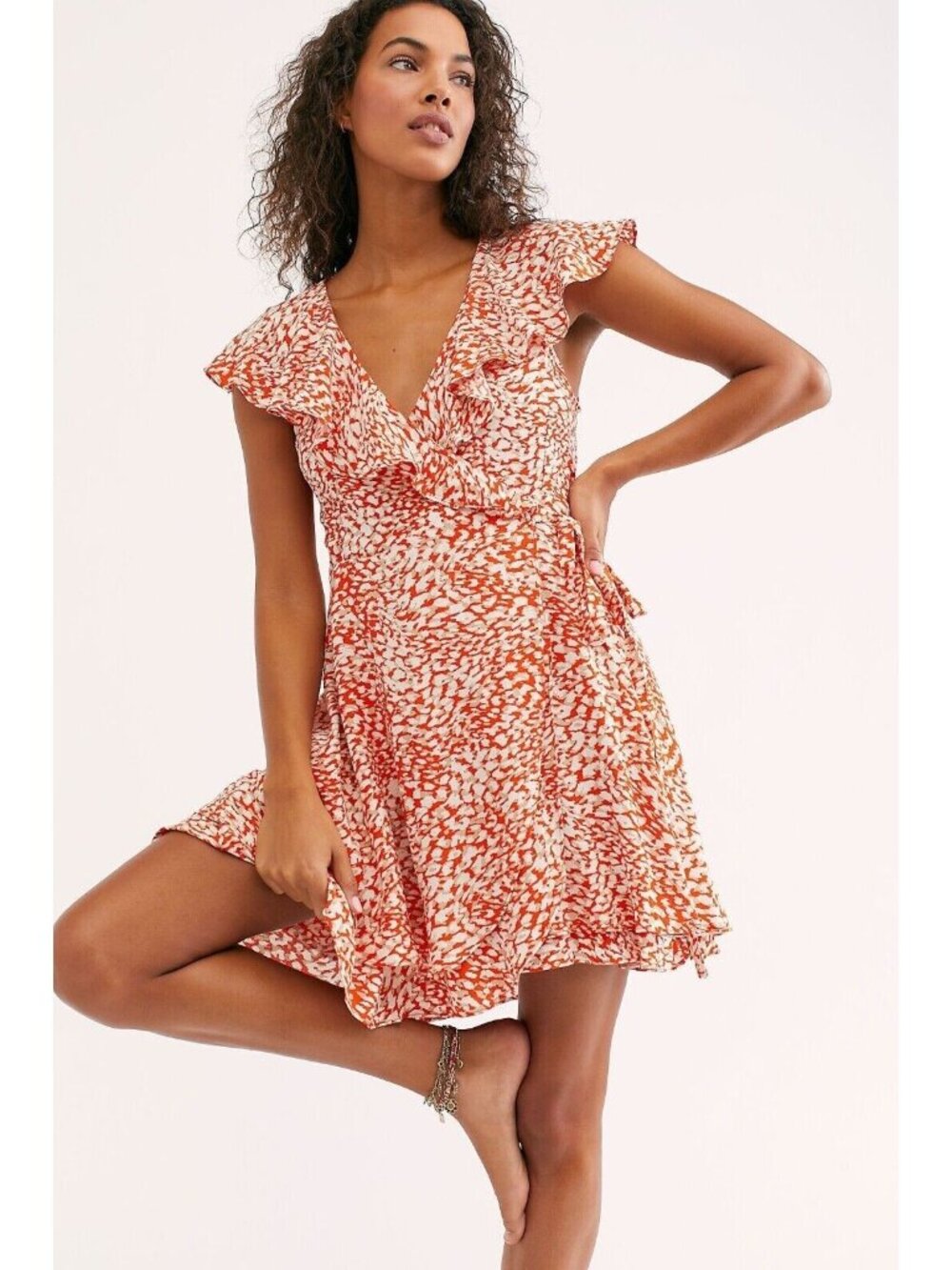 Free People Orange French Quarter Wrap Mini Dress Size L Large excellent - Picture 3 of 9